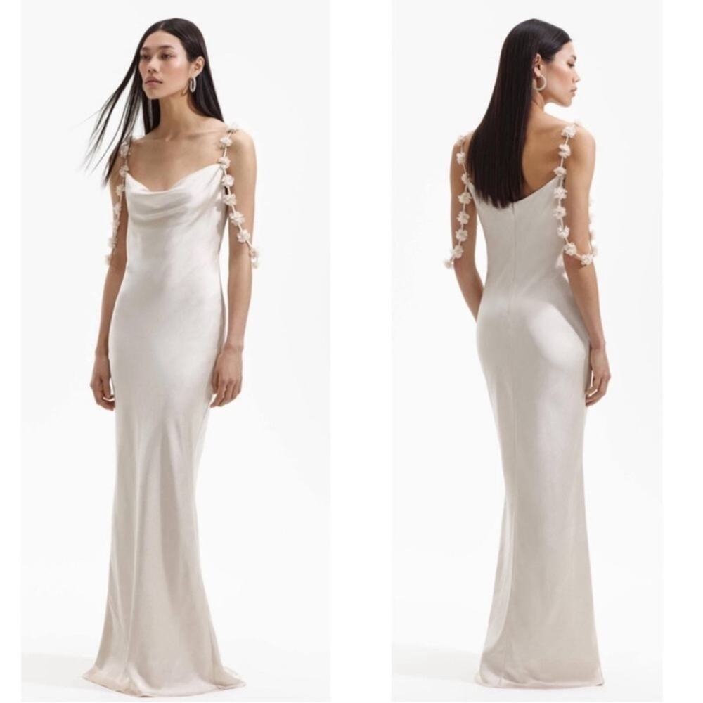 SELF-PORTRAIT Satin Flower Floral Champagne Off the Shoulder Maxi Dress Size 2 - Picture 3 of 13